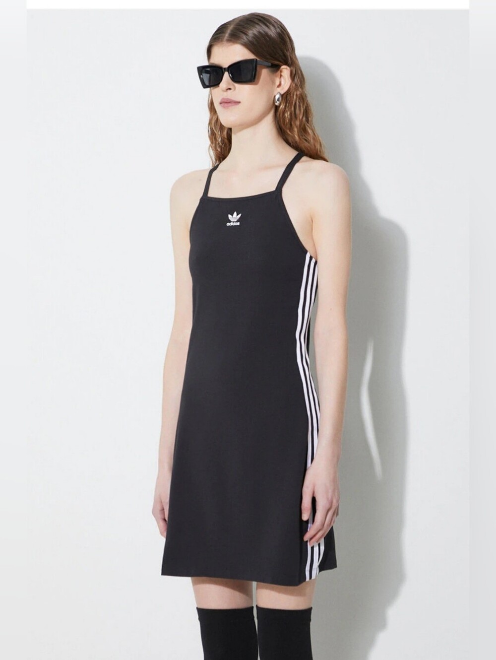 Adidas 3-stripe Jersey Minidress Black Slim Strappy Tank with White Trefoil Sz M - Picture 2 of 16